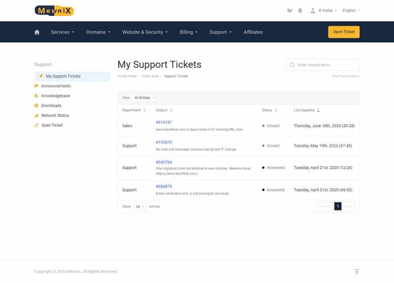 Mewnix Customer Support: Tickets history Mewnix Customer Support: Tickets history
