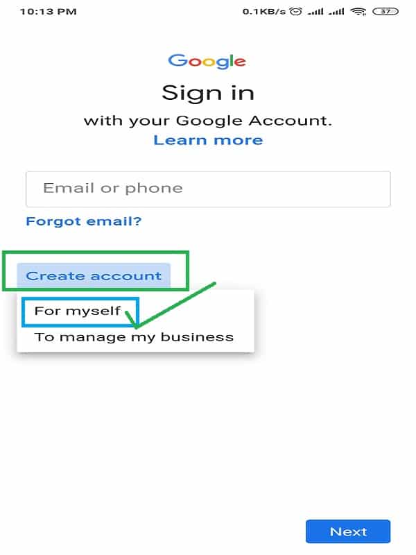 Step 4: Select option "Create account" to register an Google account. Create Gmail Account without Phone Number Verification!