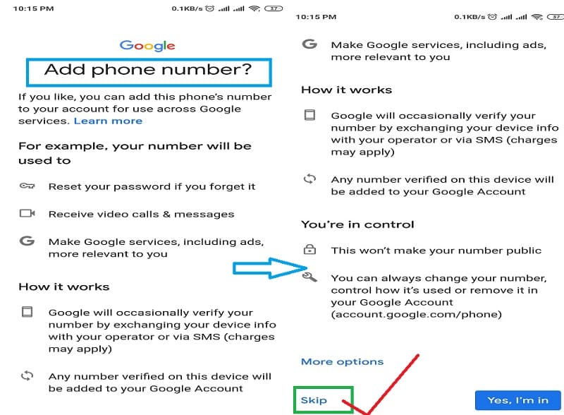 Step 8: Now it will ask to "Add phone number?". Scroll down and please select the "Skip" option to avoid phone no. verification with a new Google account. Step 8: Now it will ask to "Add phone number?". Scroll down and please select the "Skip" option to avoid phone no. verification with a new Google account.